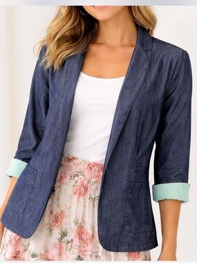 Christopher & Banks Navy Denim Blazer with Mint Cuffs